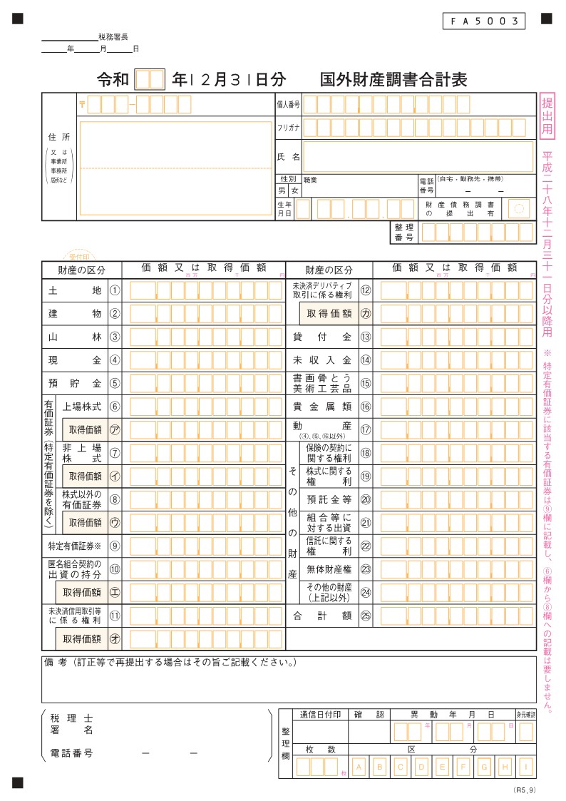 国外財産調書合計表